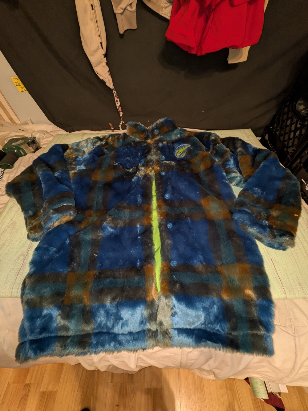 Nike Kids Blue Plaid Faux Fur Puffer Coat with Lime Accent